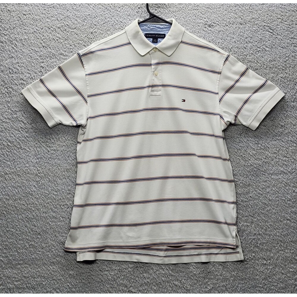 Vintage Tommy Hilfiger Polo Shirt Men's M White Blue Orange Striped Made in Sri